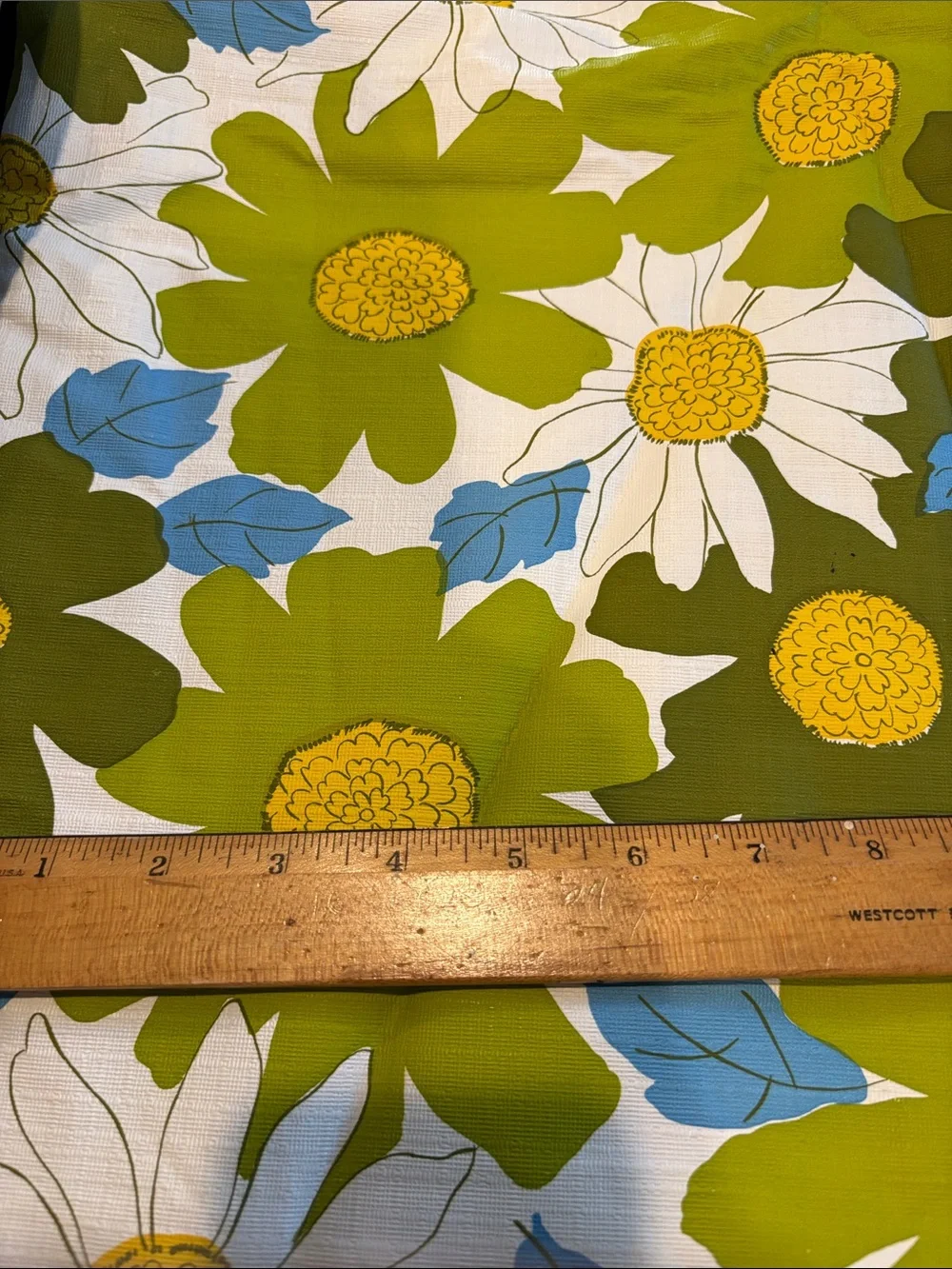 Retro Floral felt backed tablecloth Panel in Olive Green, White & Blue D3